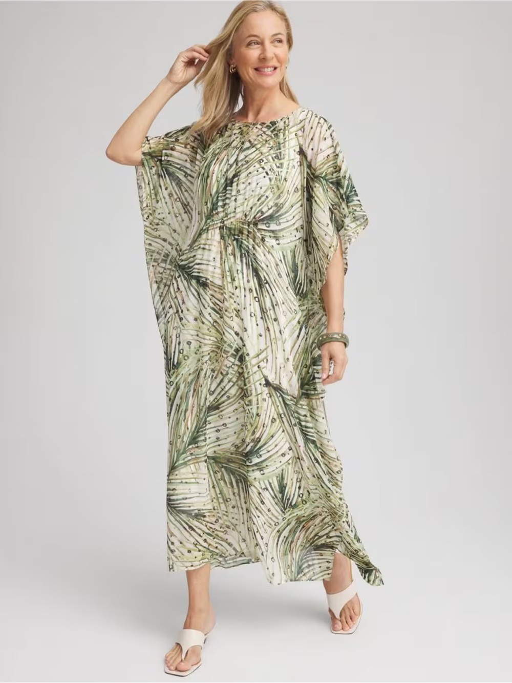 Chico's Green Leaf-Print Crinkle-Chiffon Kaftan Maxi Dress